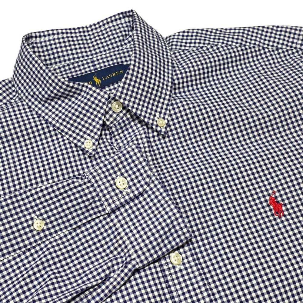 Polo Ralph Lauren Button Down Men L Navy Gingham Check Pony Logo Cotton Shirt